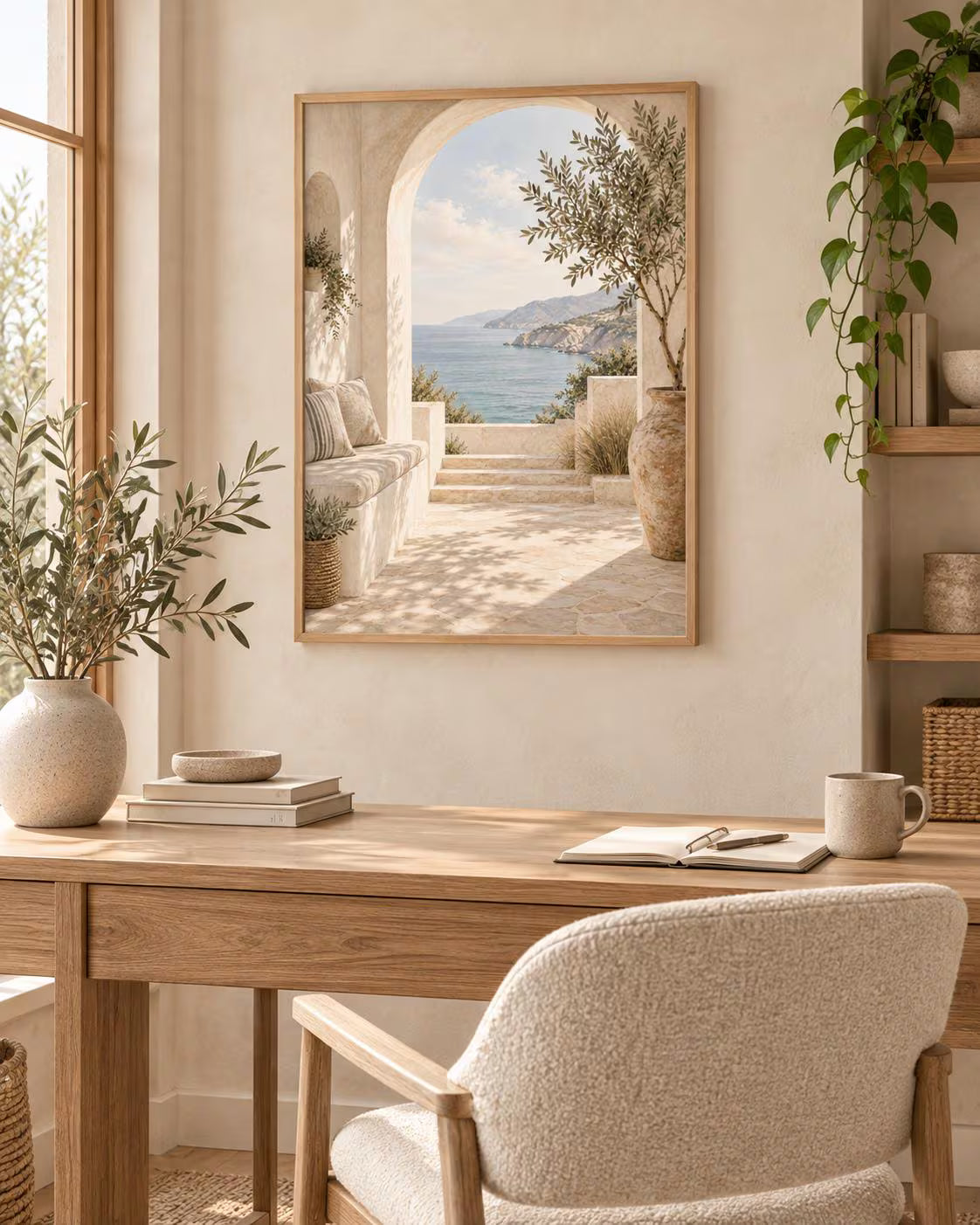 Mediterranean Archway Print, Neutral Coastal Sea View Wall Art
