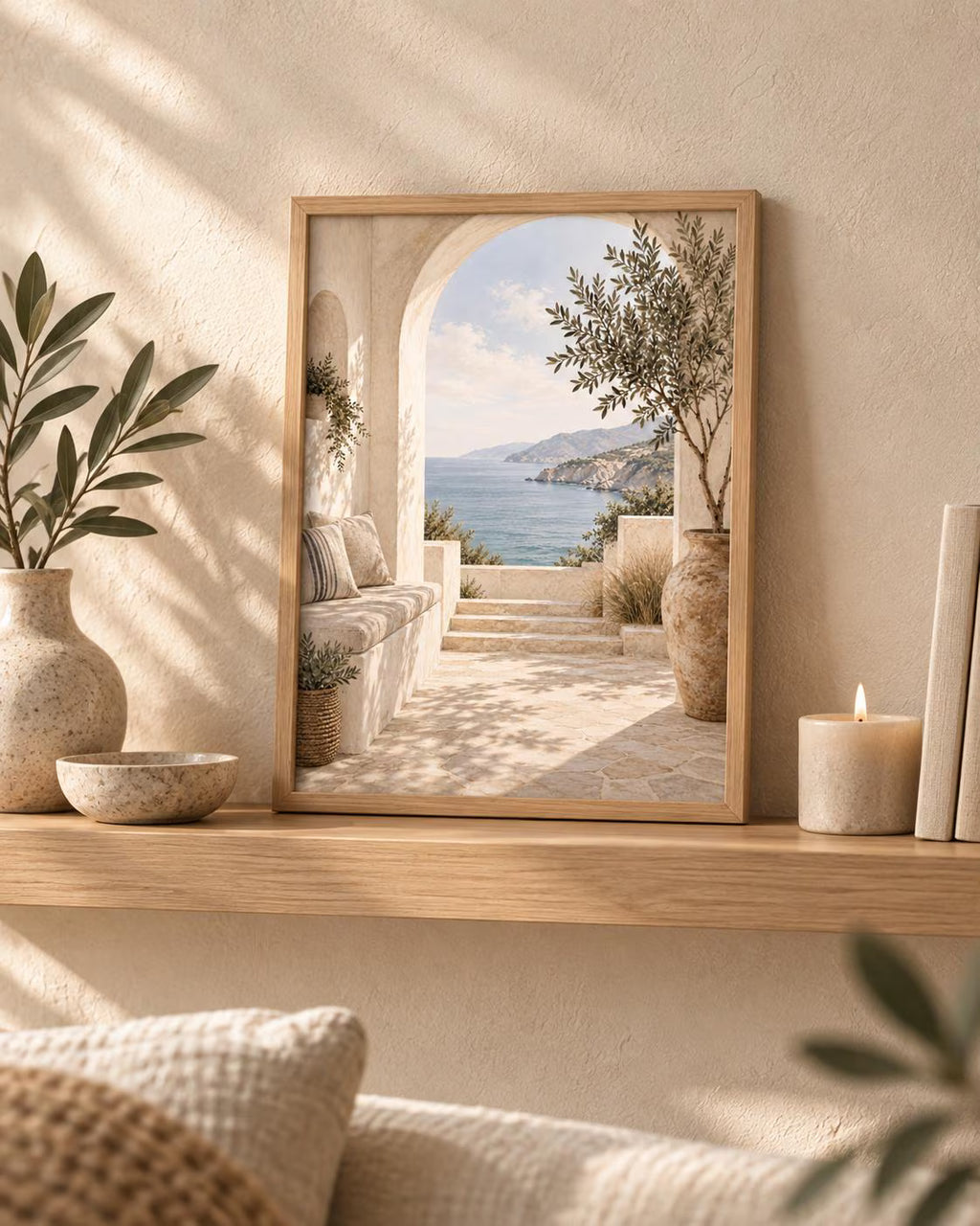 Mediterranean Archway Print, Neutral Coastal Sea View Wall Art