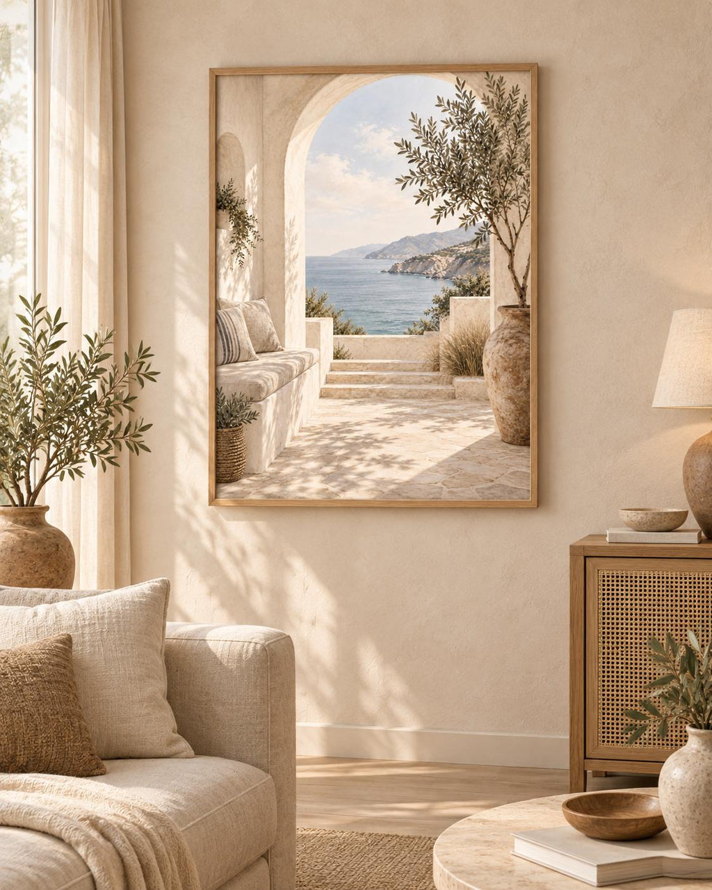 Framed Mediterranean Archway Print, Neutral Coastal Sea View