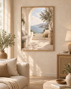 Framed Mediterranean Archway Print, Neutral Coastal Sea View