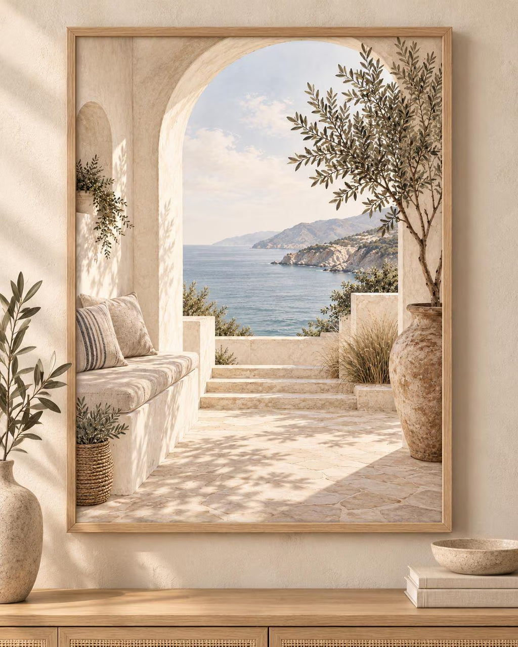 Mediterranean Archway Print, Neutral Coastal Sea View Wall Art