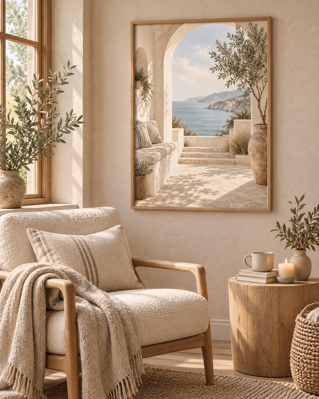 Framed Mediterranean Archway Print, Neutral Coastal Sea View