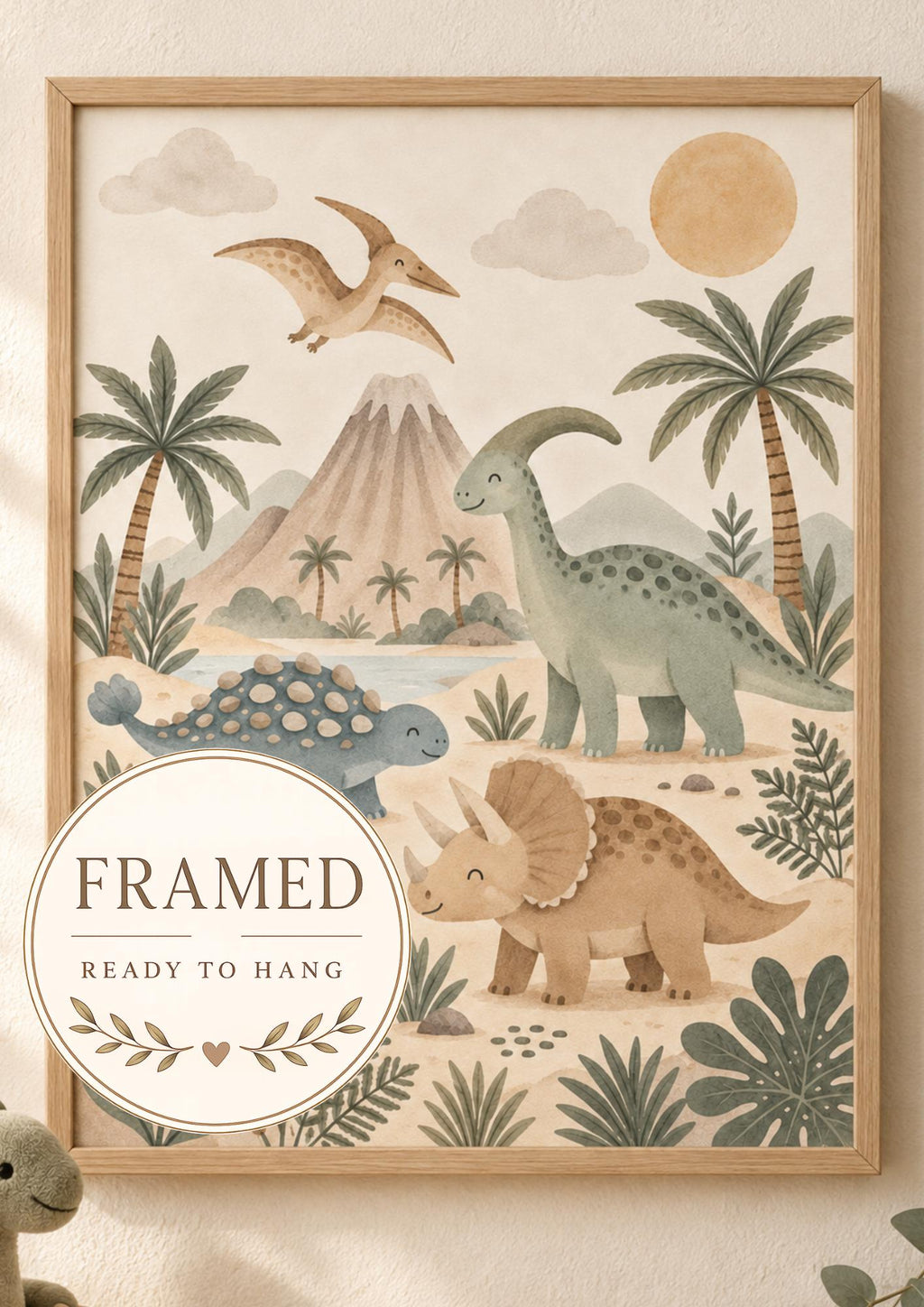 Framed neutral dinosaur nursery print front image