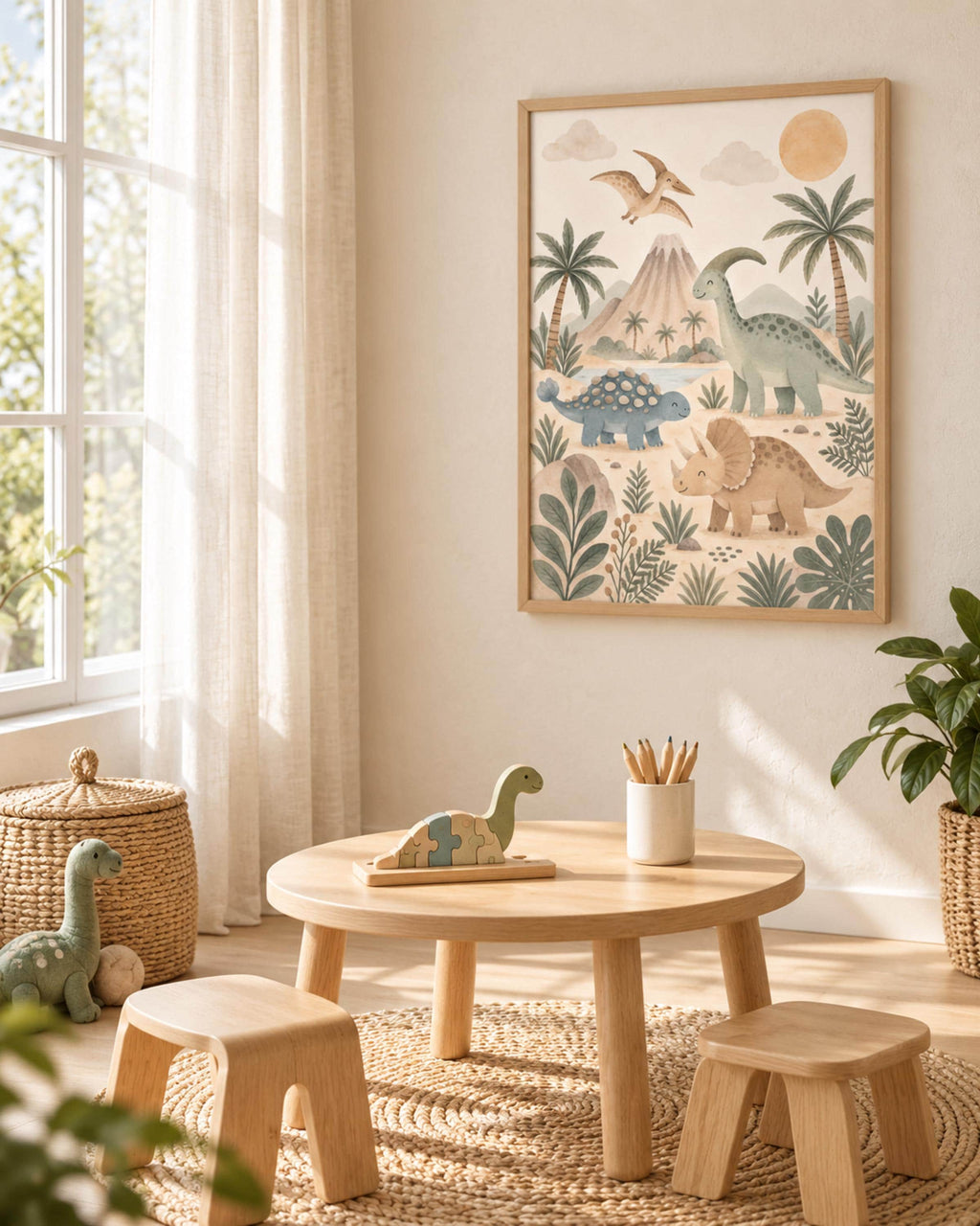 Framed dinosaur nursery wall art room mockup