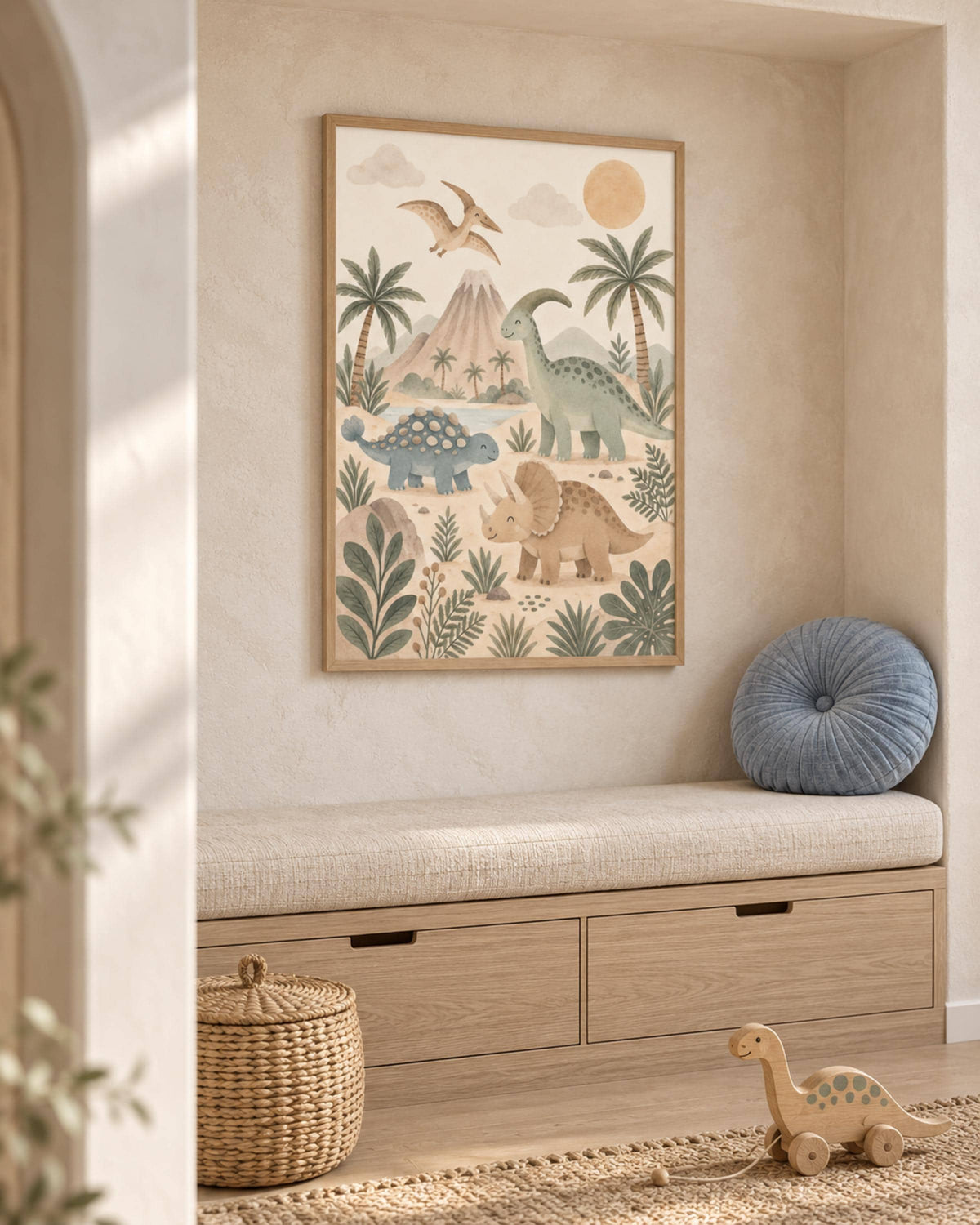 Framed dinosaur nursery wall art styled room mockup