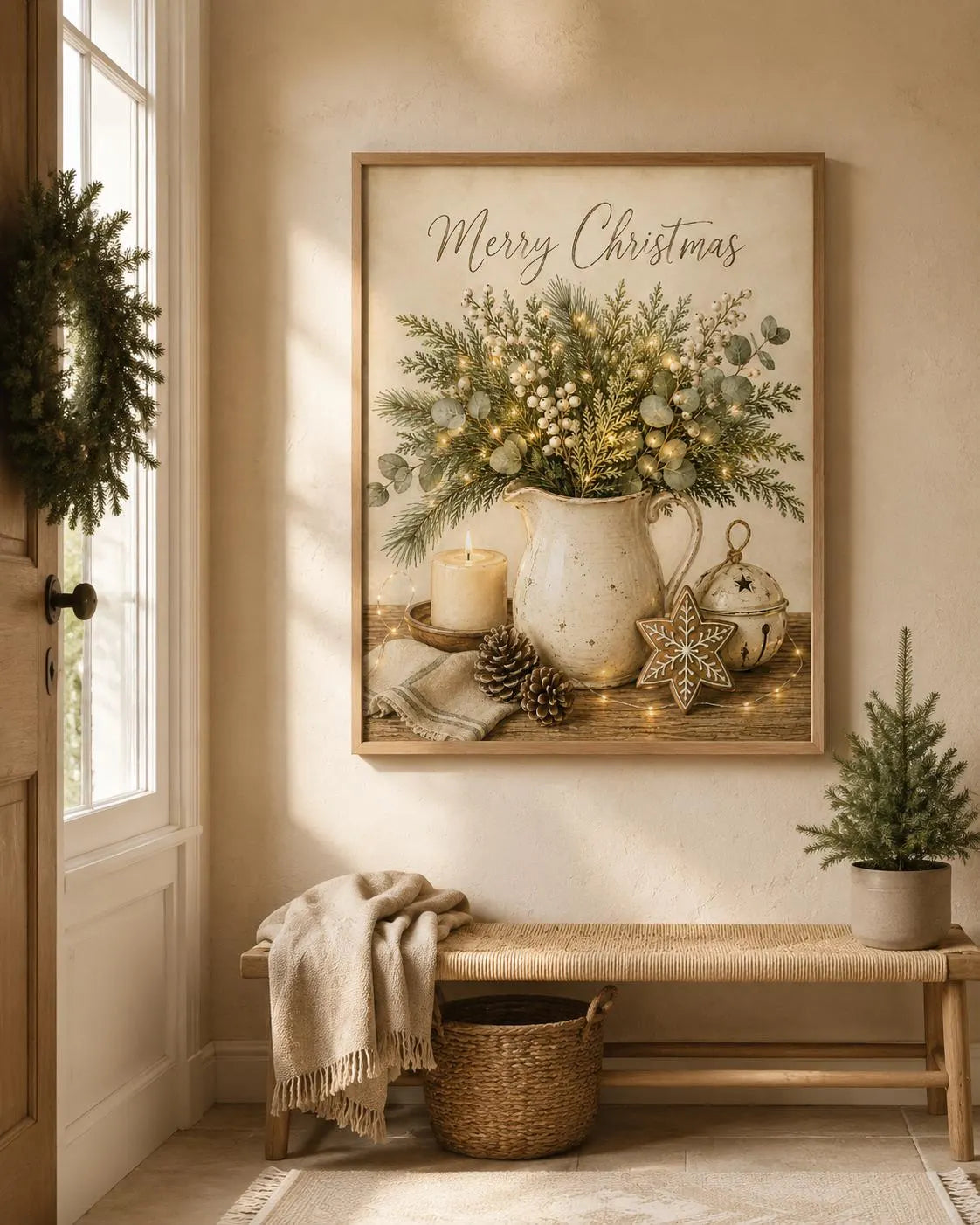 Neutral Christmas Wall Art Print, Merry Christmas Farmhouse Decor, Botanical Winter Artwork for Living Room, Cosy Festive Home Gift