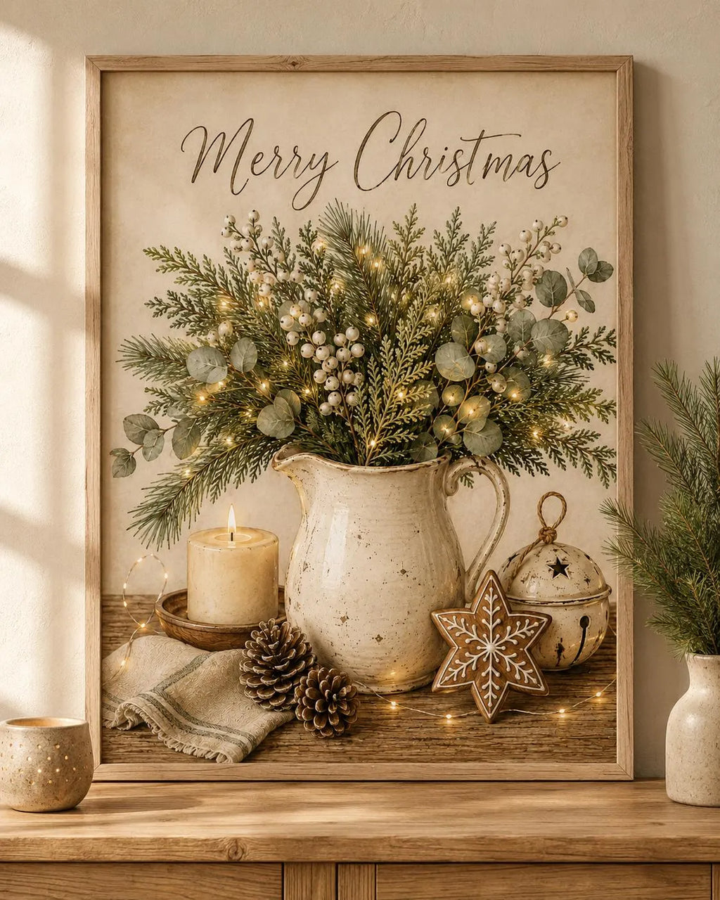 Neutral Christmas Wall Art Print, Merry Christmas Farmhouse Decor, Botanical Winter Artwork for Living Room, Cosy Festive Home Gift