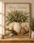 Neutral Christmas Wall Art Print, Merry Christmas Farmhouse Decor, Botanical Winter Artwork for Living Room, Cosy Festive Home Gift