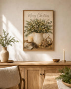 Neutral Christmas Wall Art Print, Merry Christmas Farmhouse Decor, Botanical Winter Artwork for Living Room, Cosy Festive Home Gift