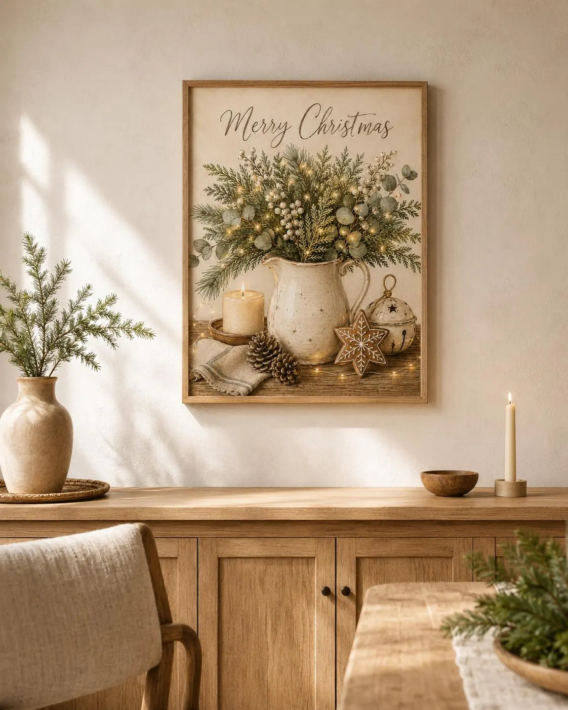 Neutral Christmas Wall Art Print, Merry Christmas Farmhouse Decor, Botanical Winter Artwork for Living Room, Cosy Festive Home Gift