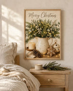 Neutral Christmas Wall Art Print, Merry Christmas Farmhouse Decor, Botanical Winter Artwork for Living Room, Cosy Festive Home Gift