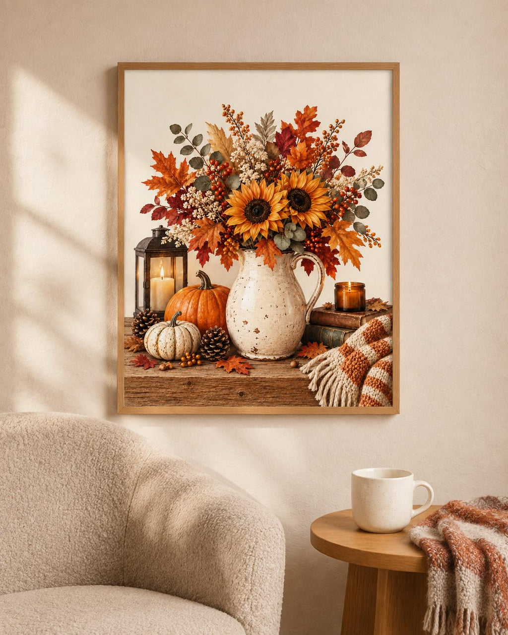 Framed autumn sunflower and pumpkin print lifestyle mockup 1