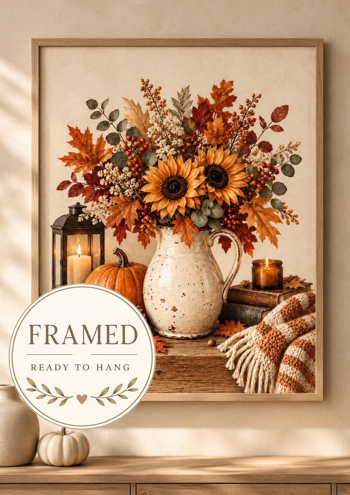 Framed autumn sunflower and pumpkin wall art front image