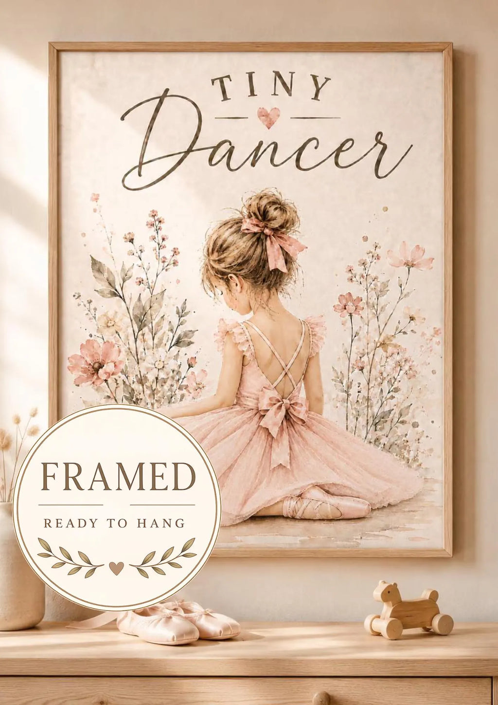 Framed Tiny Dancer Print, Pink Ballerina Wall Art, Girls Bedroom and Nursery Decor, Blush Floral Ballet Picture, Dance Gift for Her