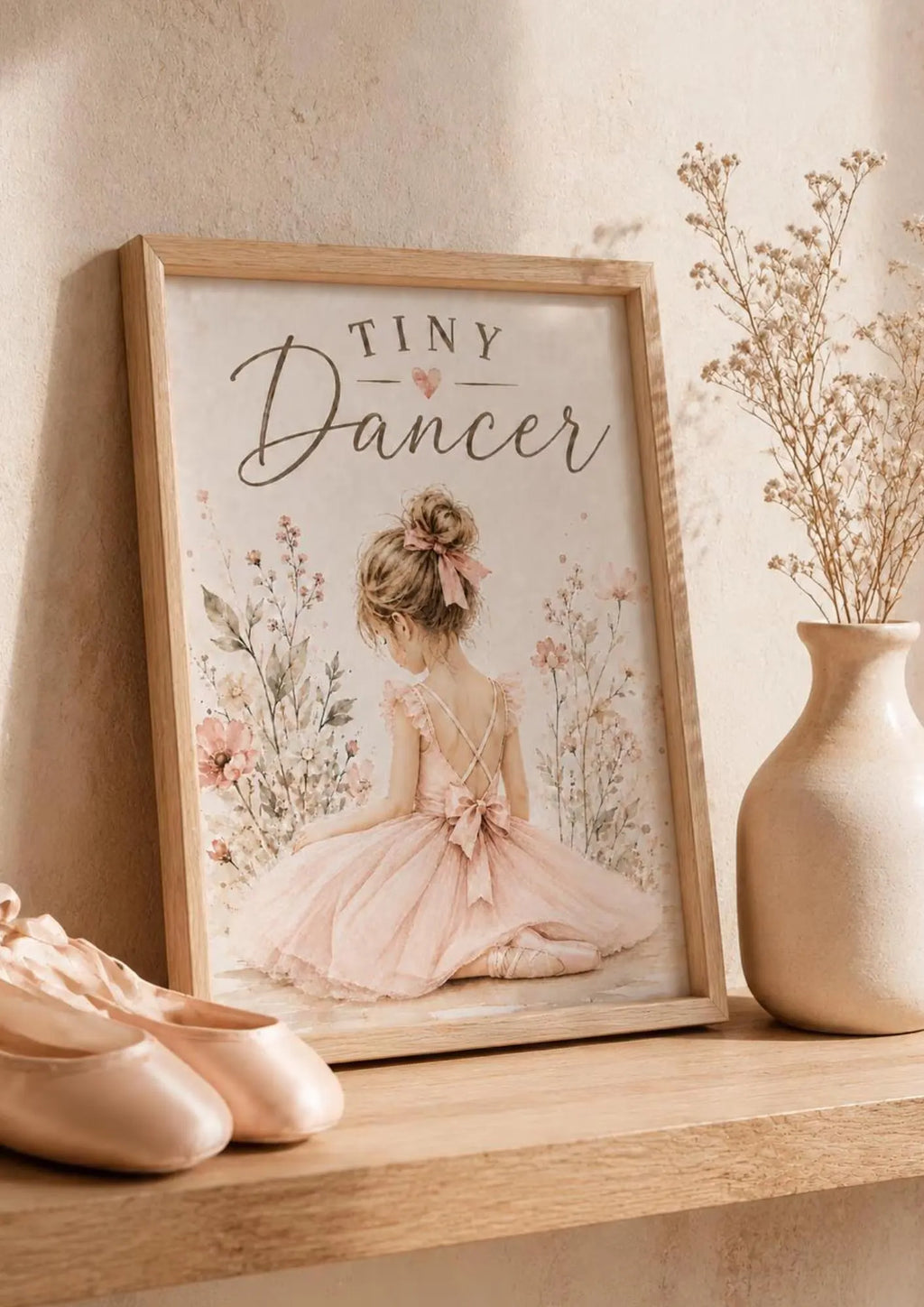 Framed Tiny Dancer Print, Pink Ballerina Wall Art, Girls Bedroom and Nursery Decor, Blush Floral Ballet Picture, Dance Gift for Her