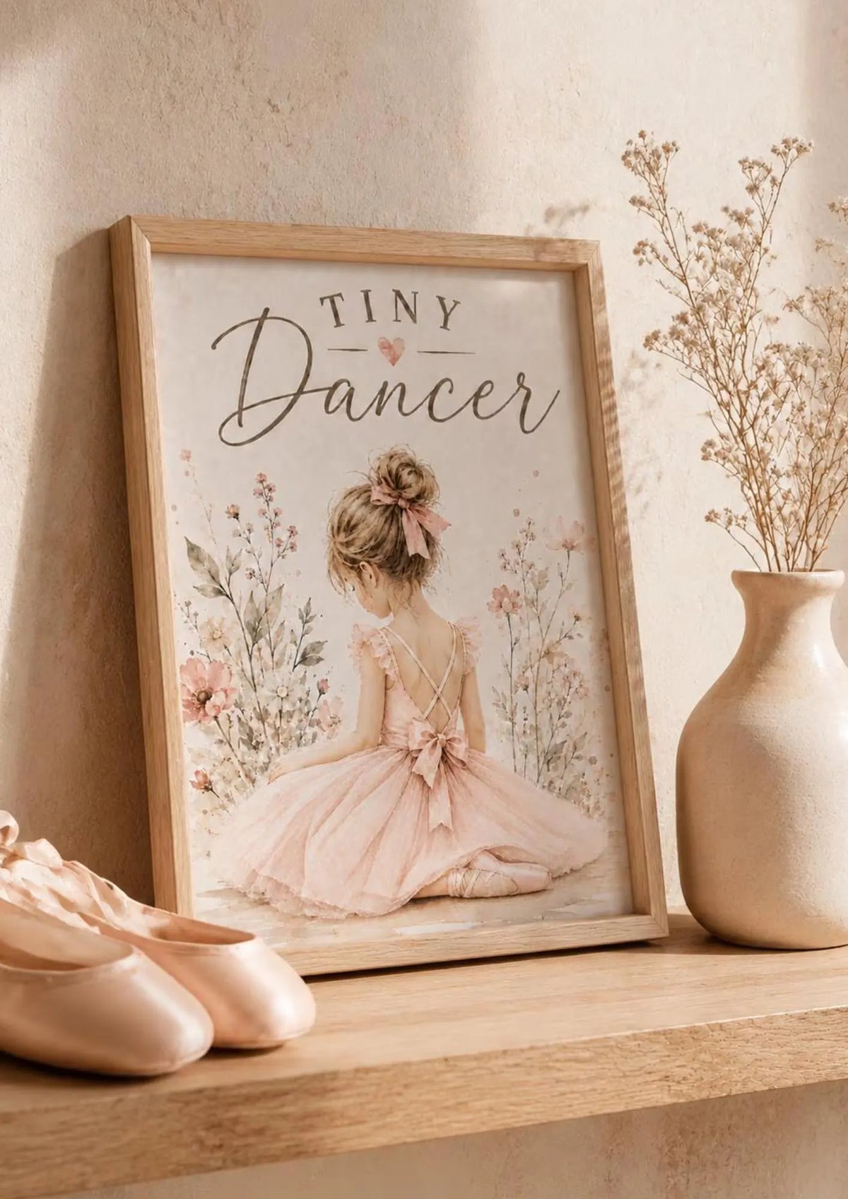 Framed Tiny Dancer Print, Pink Ballerina Wall Art, Girls Bedroom and Nursery Decor, Blush Floral Ballet Picture, Dance Gift for Her