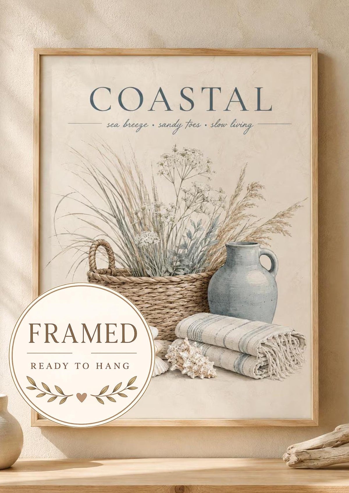 Framed coastal still life wall art front image