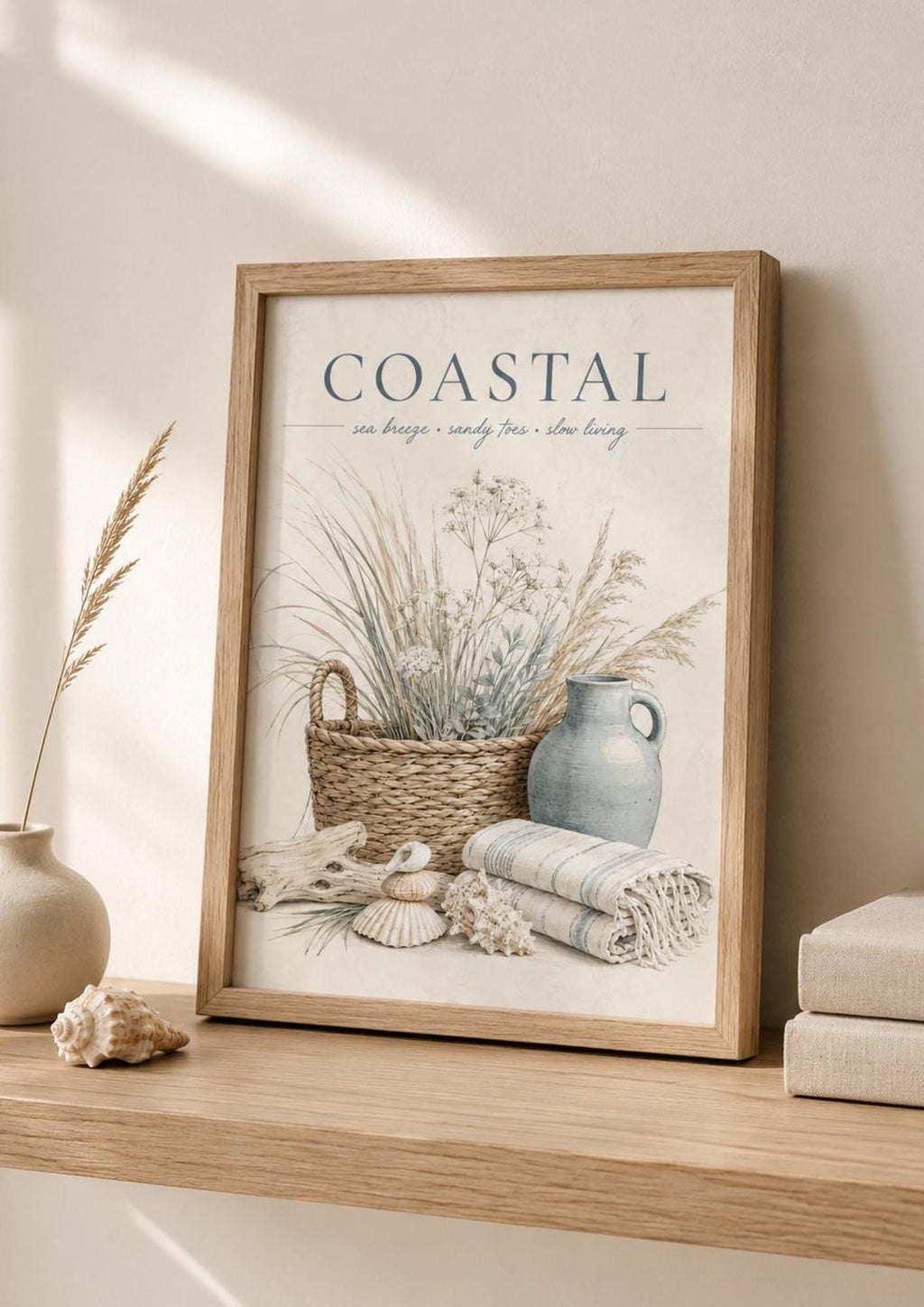 Framed seaside still life print in coastal interior