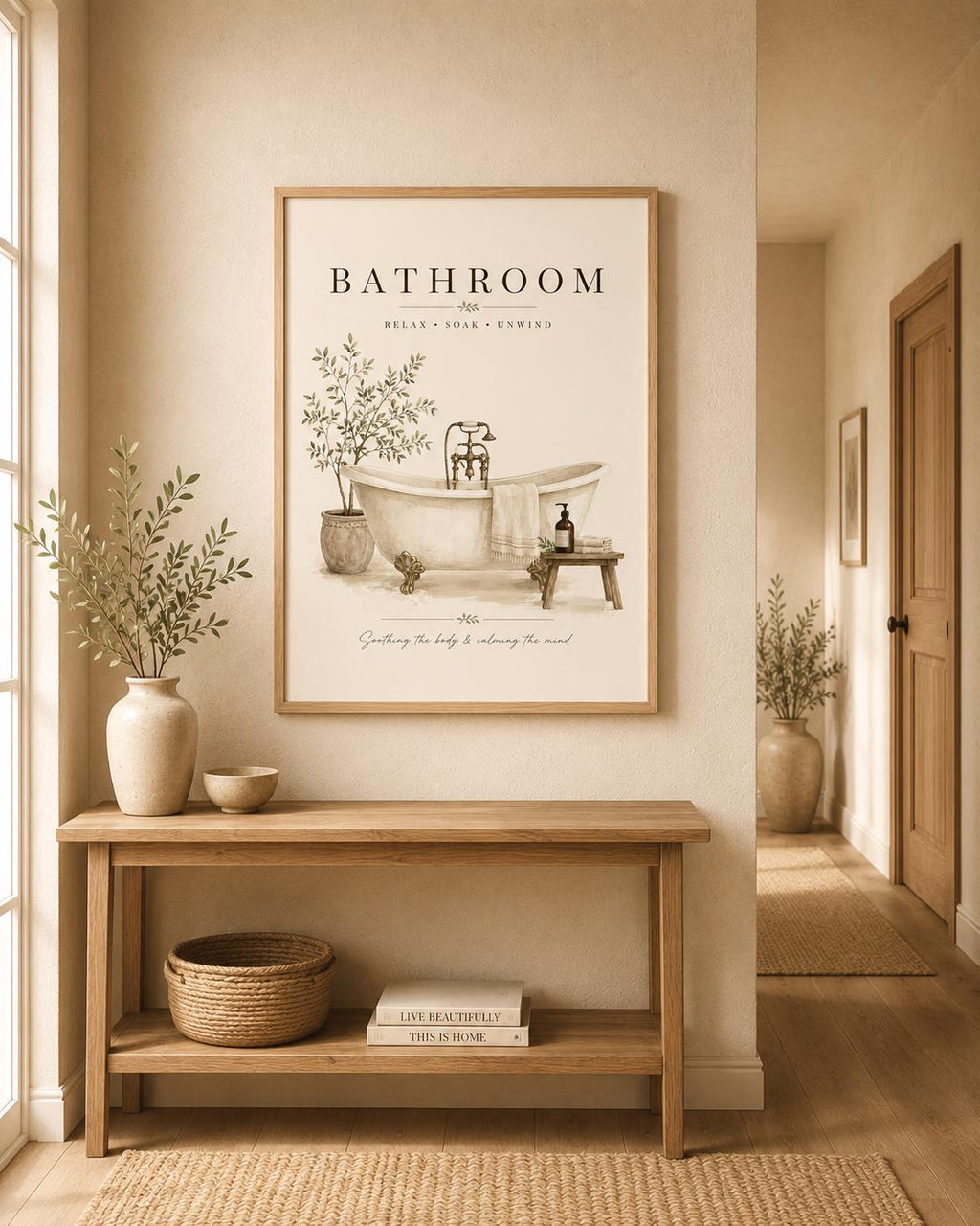 Neutral farmhouse bathroom print lifestyle mockup