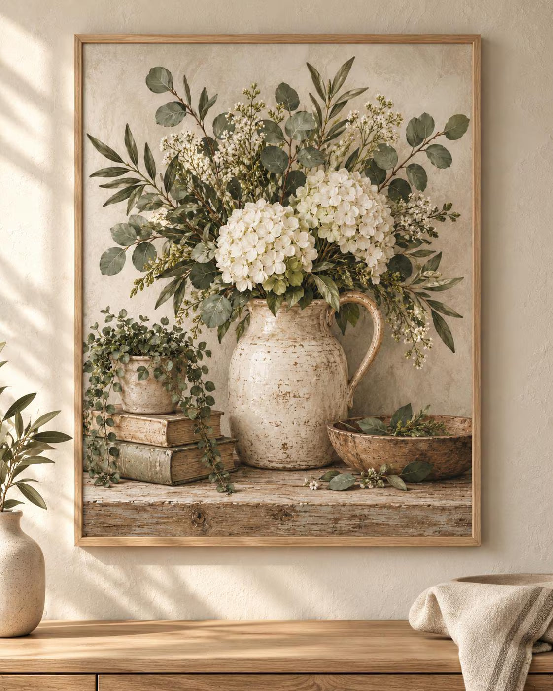 Hydrangea Wall Art Print, Neutral Botanical Decor, Vintage Eucalyptus Floral Artwork for Farmhouse Living Room, Bedroom or Kitchen