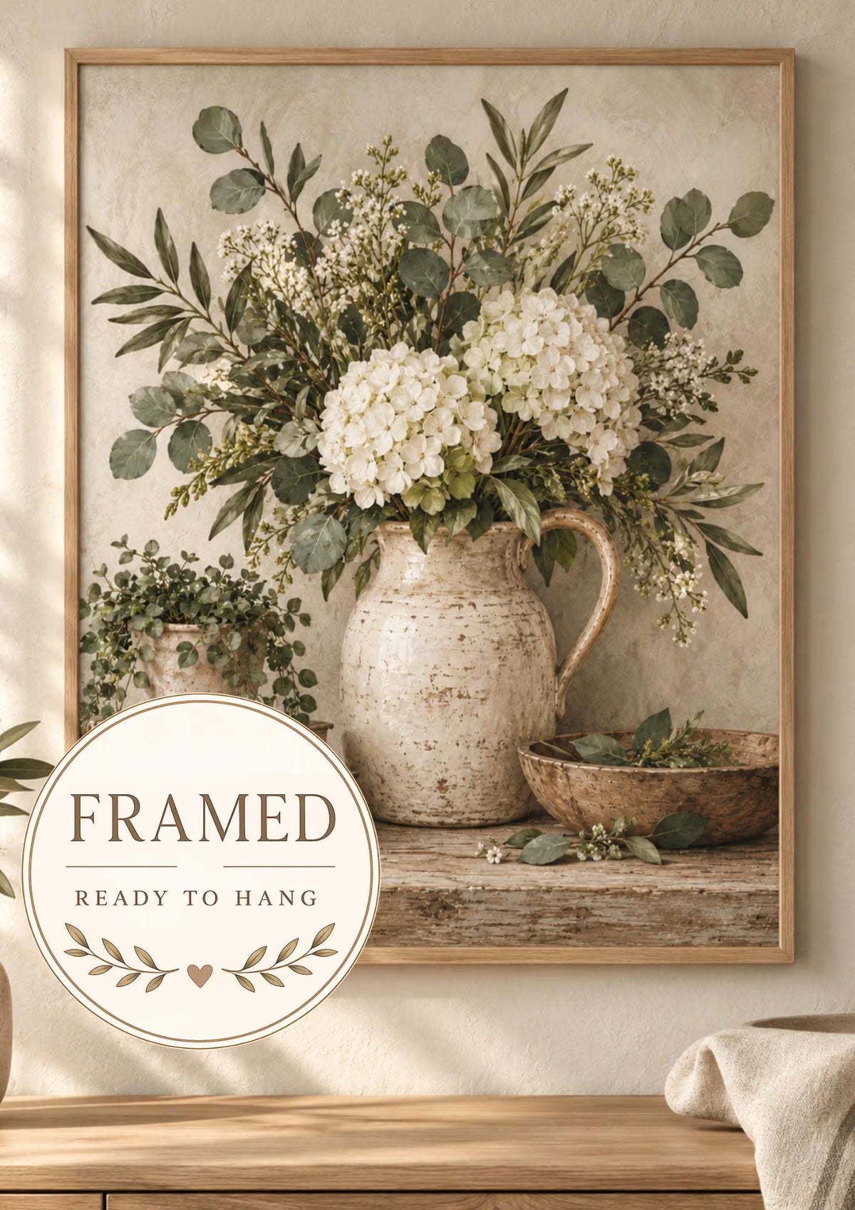 Framed Hydrangea Wall Art Print, Neutral Botanical Decor, Vintage Eucalyptus Floral Artwork for Farmhouse Living Room, Bedroom or Kitchen