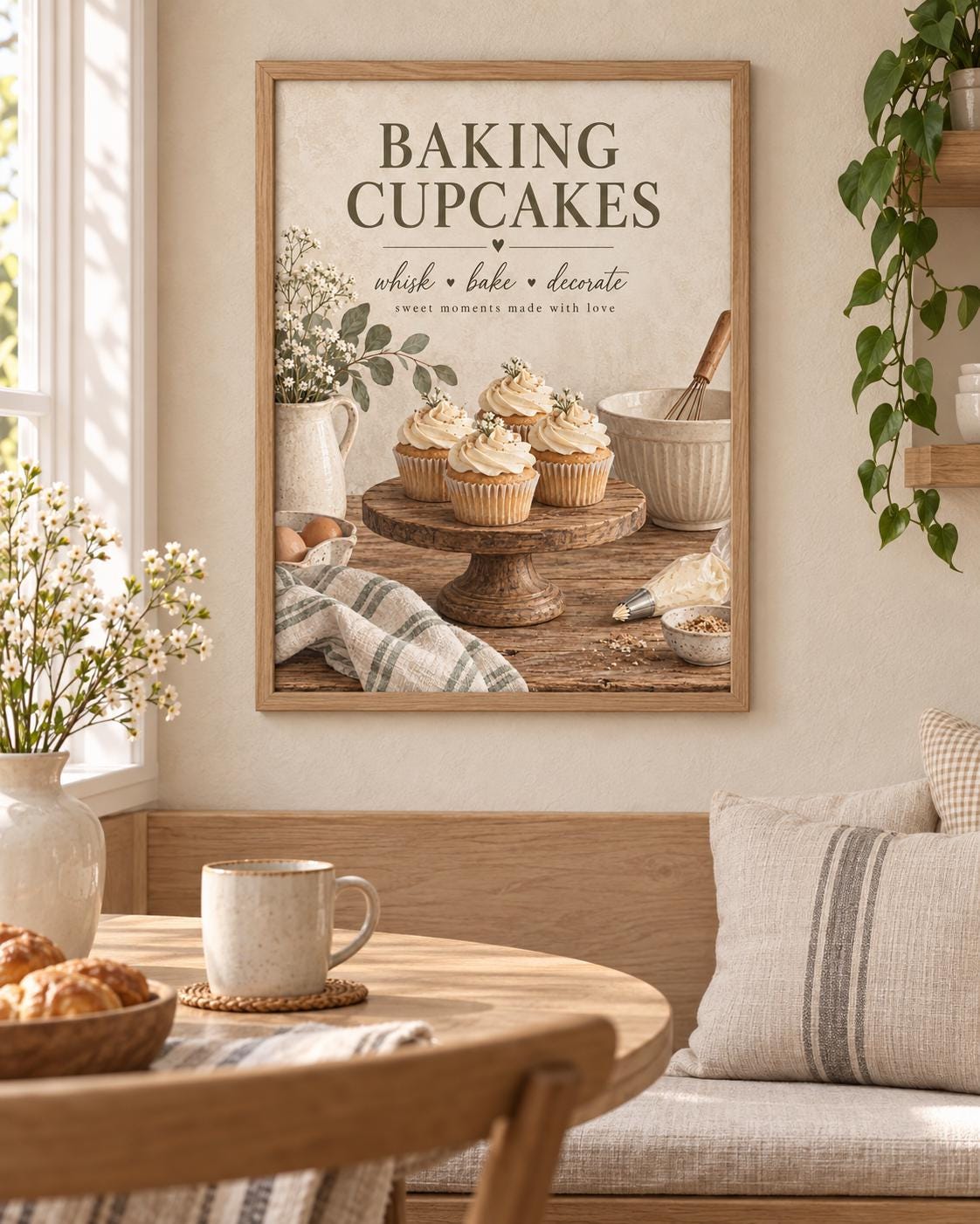 Neutral baking wall art styled in a farmhouse kitchen