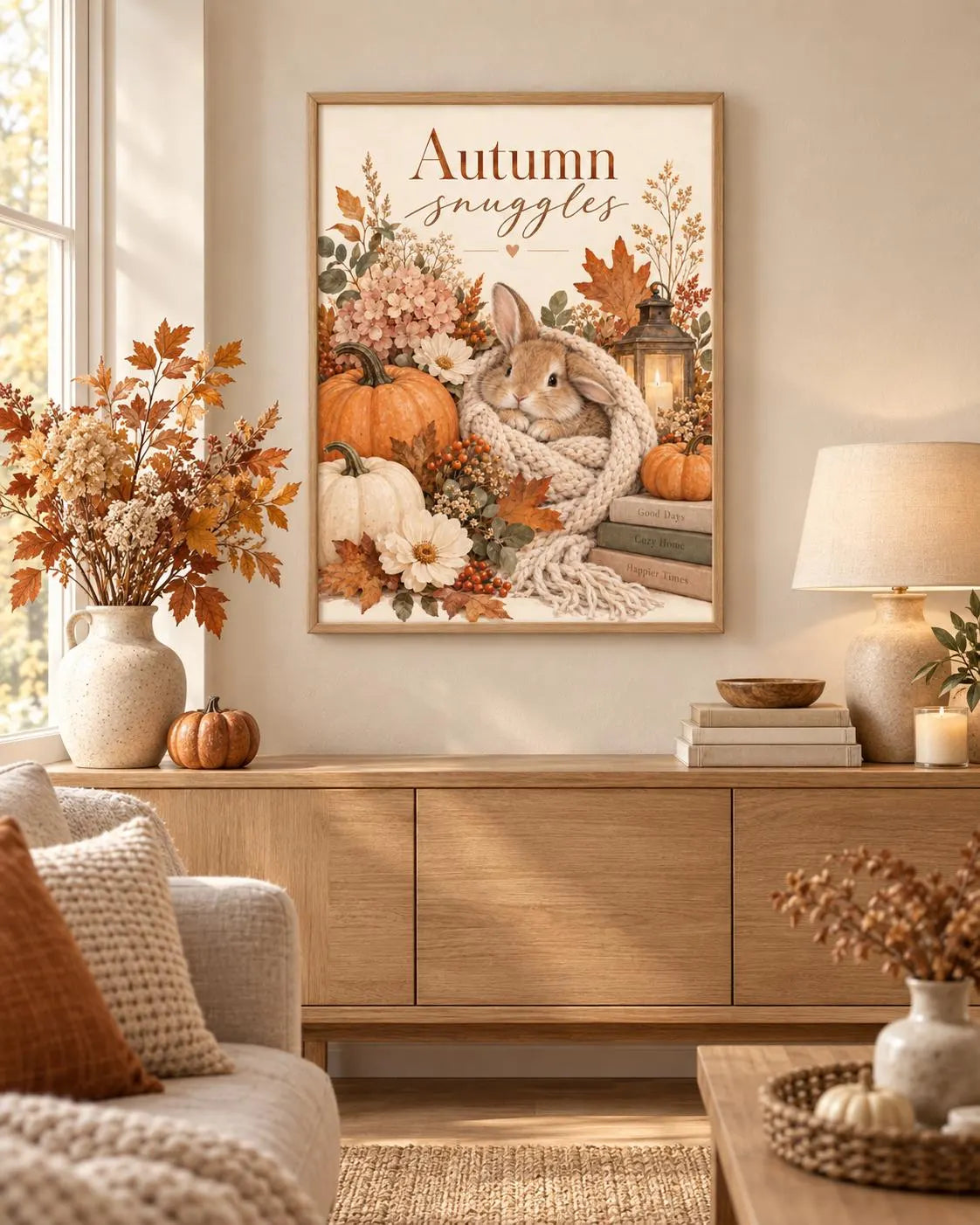 Autumn Bunny Print, Cosy Rabbit with Pumpkins, Florals and Lantern