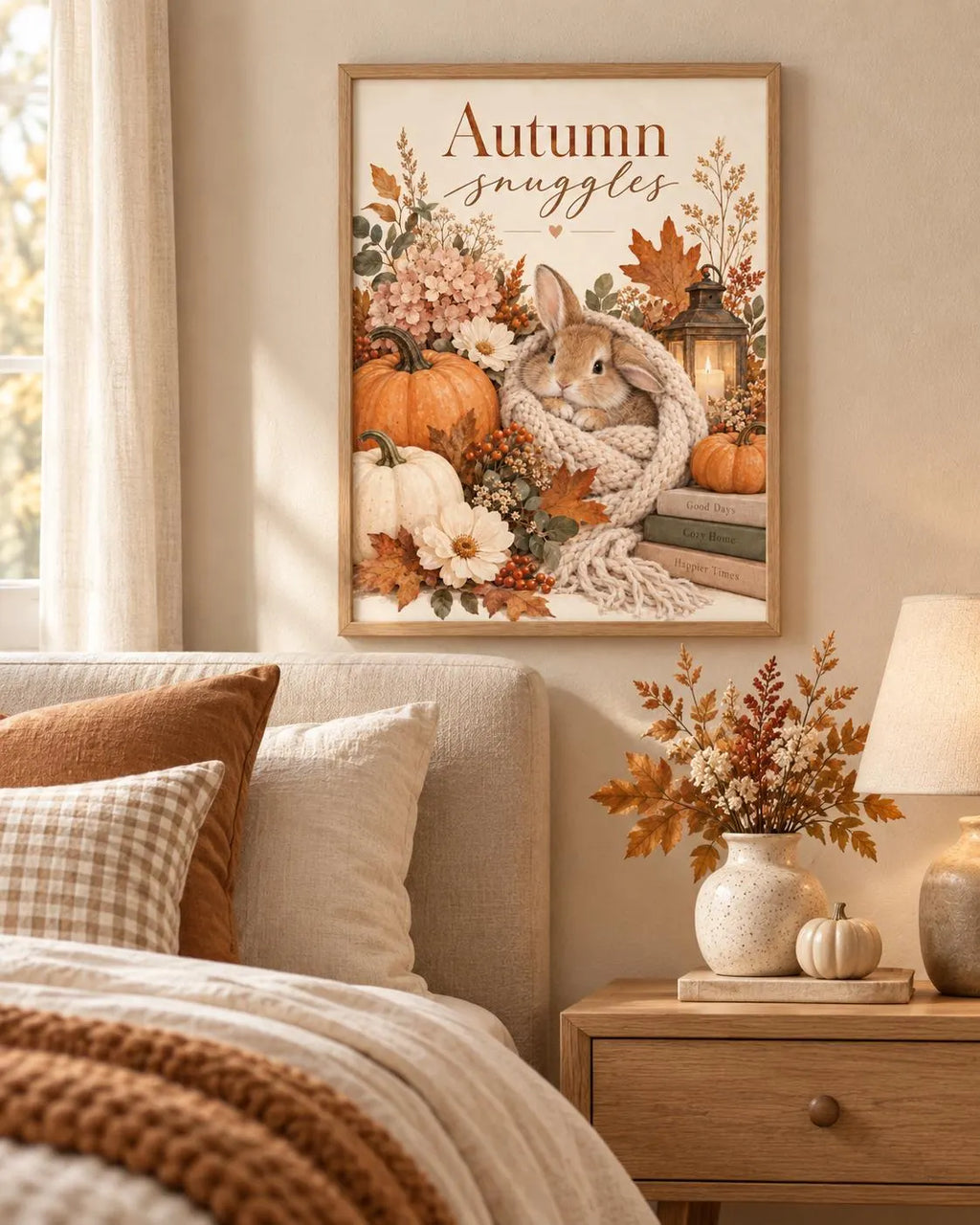 Autumn Bunny Print, Cosy Rabbit with Pumpkins, Florals and Lantern