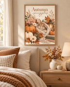 Autumn Bunny Print, Cosy Rabbit with Pumpkins, Florals and Lantern