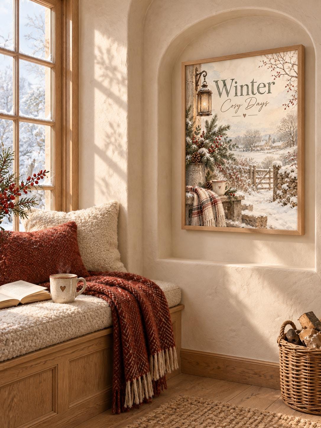 Framed snowy cottage winter wall art room mockup