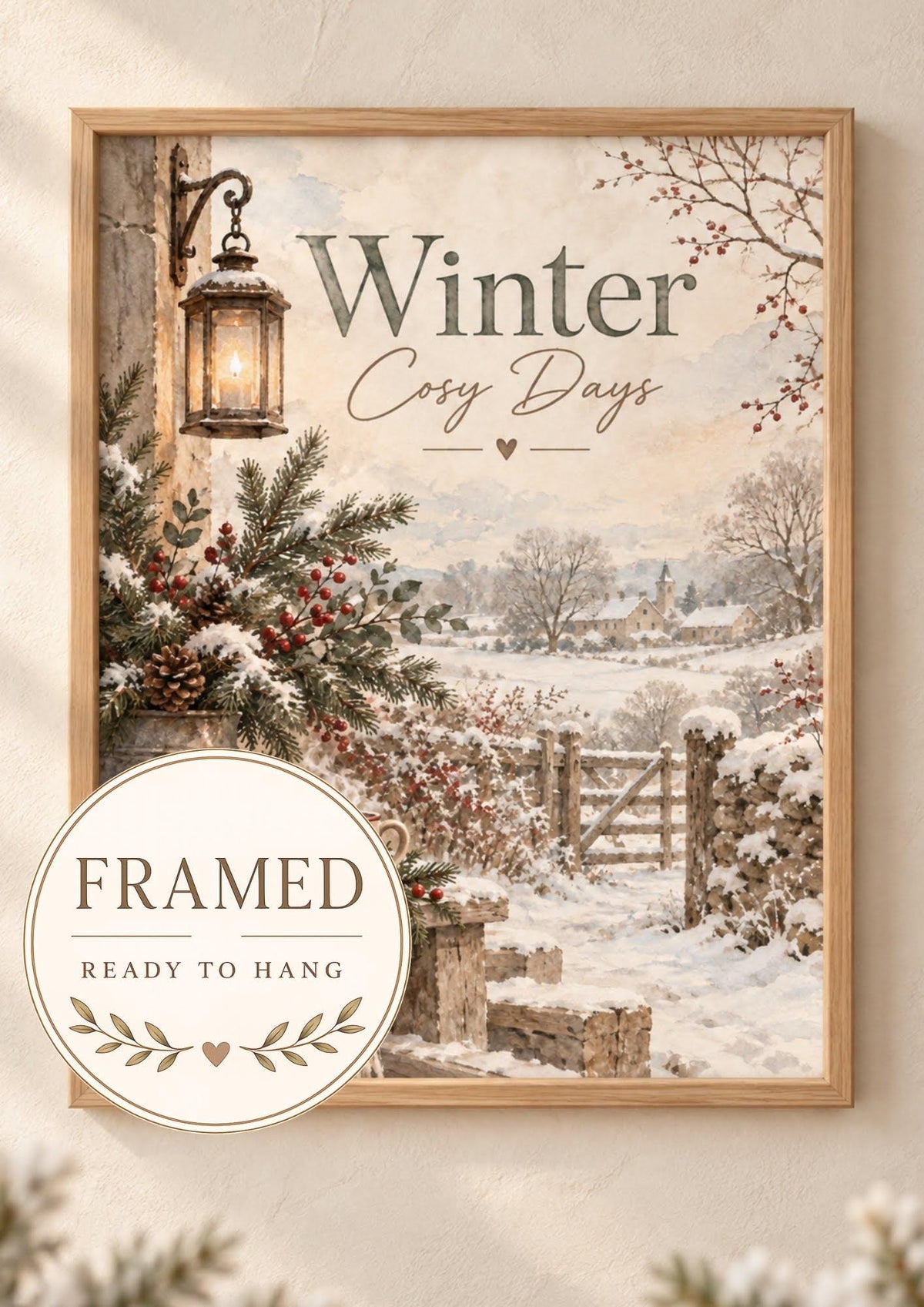 Framed Winter Cosy Days snowy cottage print front image