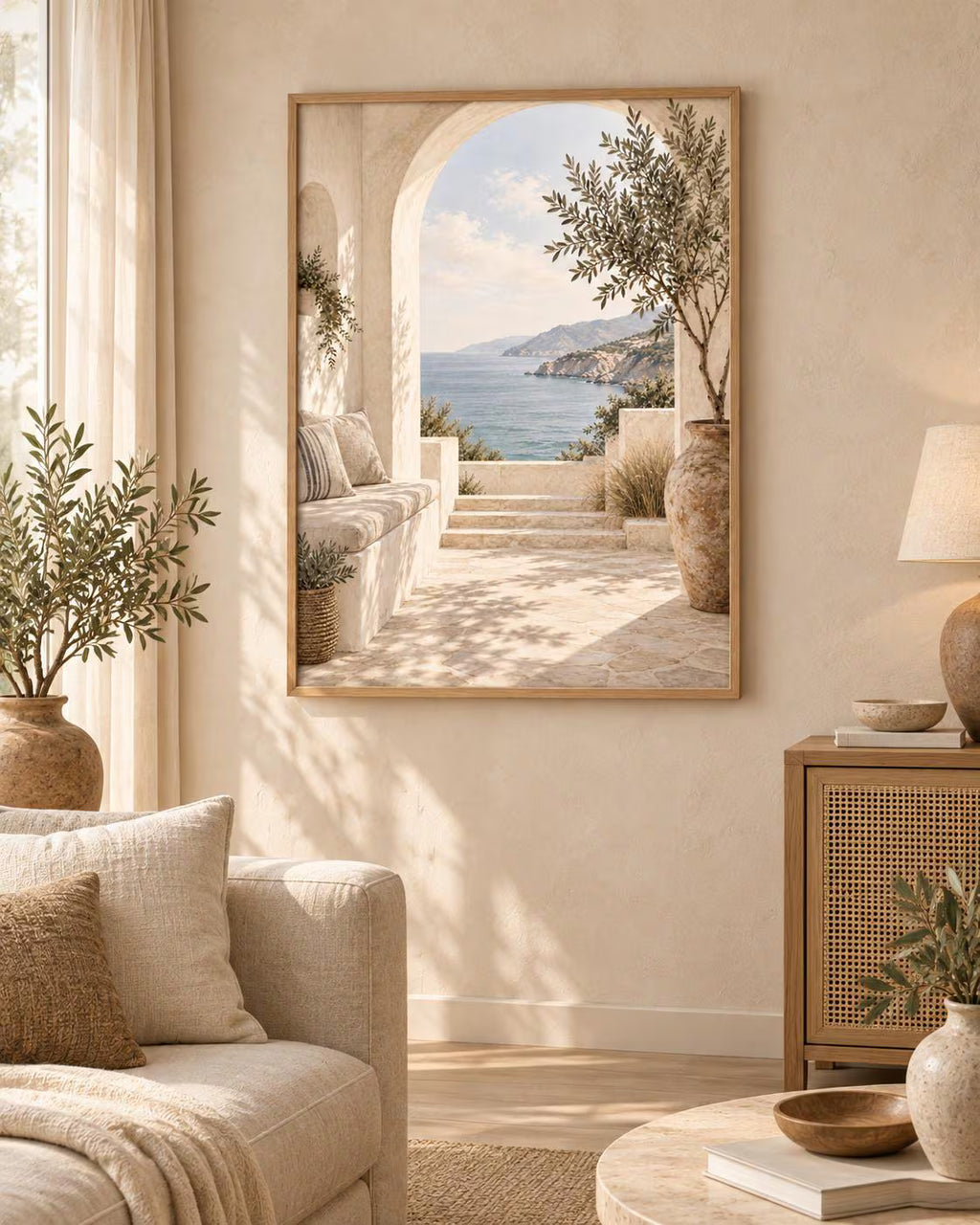 Mediterranean Archway Print, Neutral Coastal Sea View Wall Art