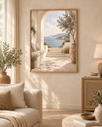 Mediterranean Archway Print, Neutral Coastal Sea View Wall Art