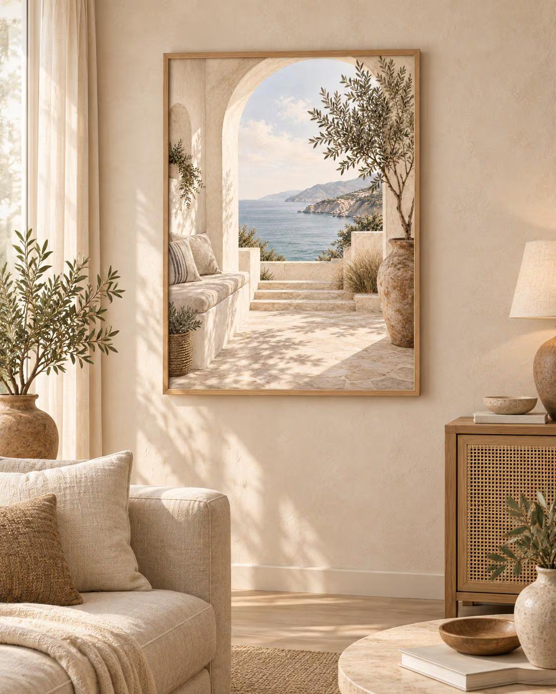 Mediterranean Archway Print, Neutral Coastal Sea View Wall Art