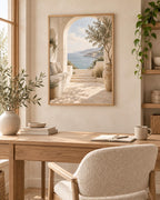 Framed Mediterranean Archway Print, Neutral Coastal Sea View