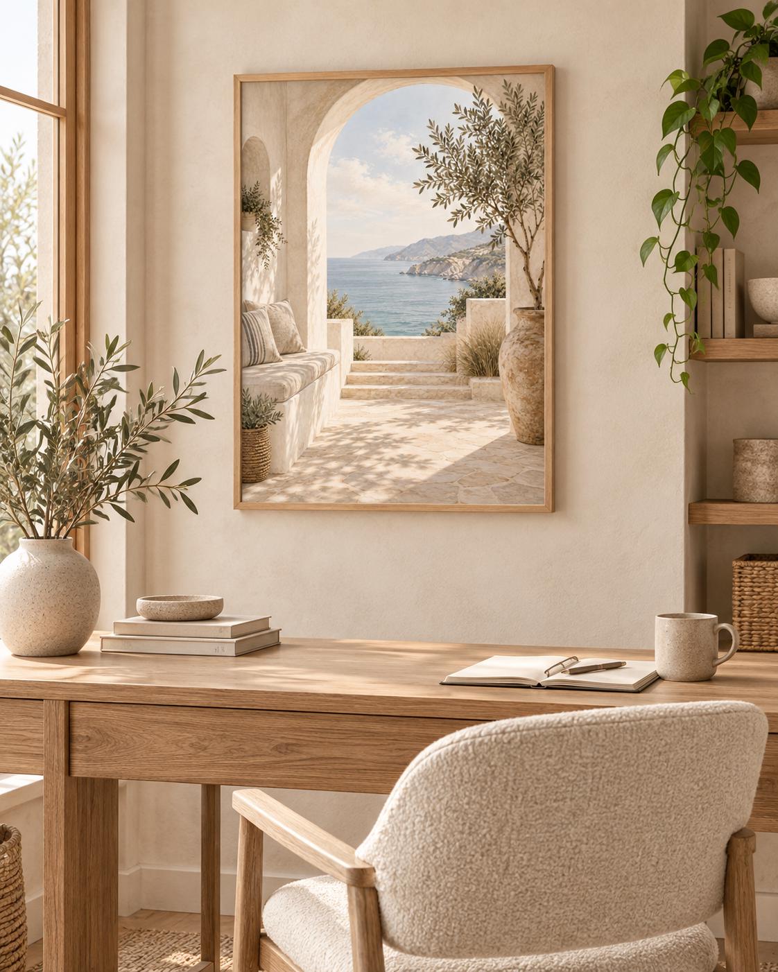 Framed Mediterranean Archway Print, Neutral Coastal Sea View