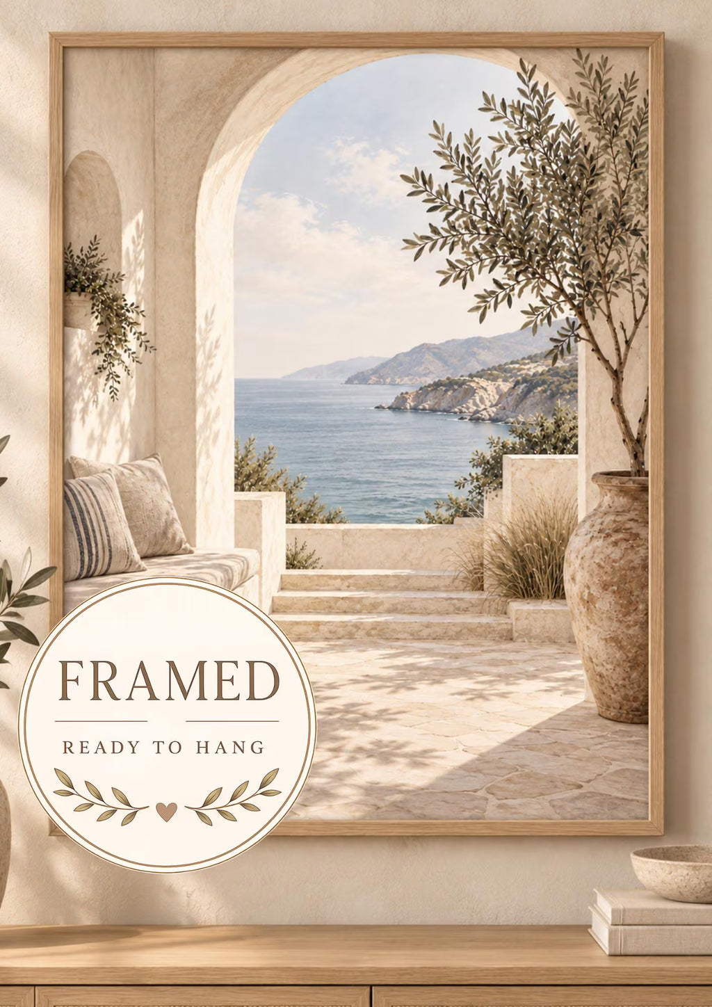 Framed Mediterranean Archway Print, Neutral Coastal Sea View