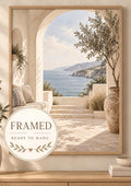 Framed Mediterranean Archway Print, Neutral Coastal Sea View