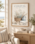 Framed coastal wall art styled in a warm neutral room
