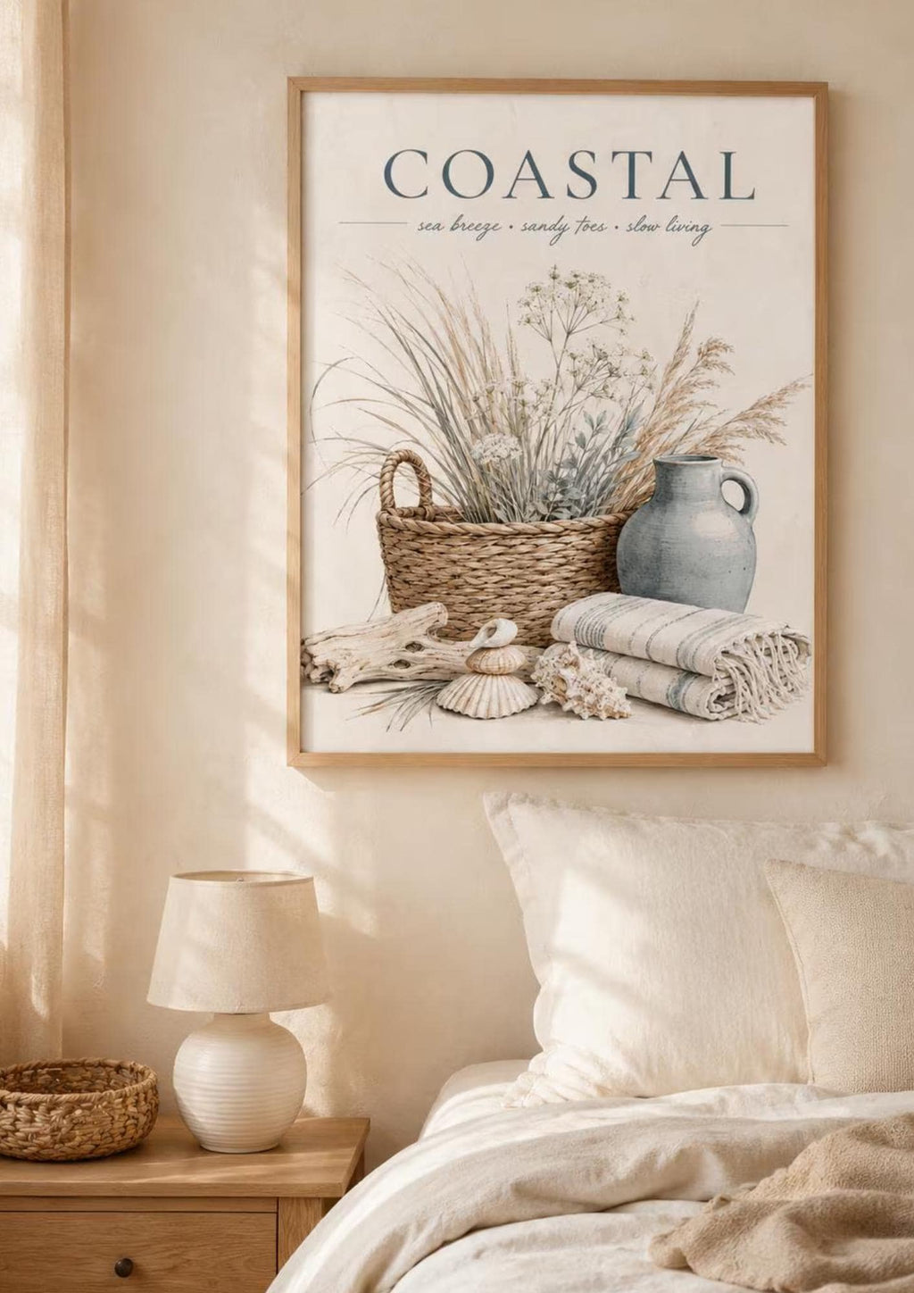 Small framed coastal print styled in a neutral home