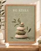 Be Still and Know You Are Enough quote with sage-green balancing stones and delicate olive branches; print only, frame not included