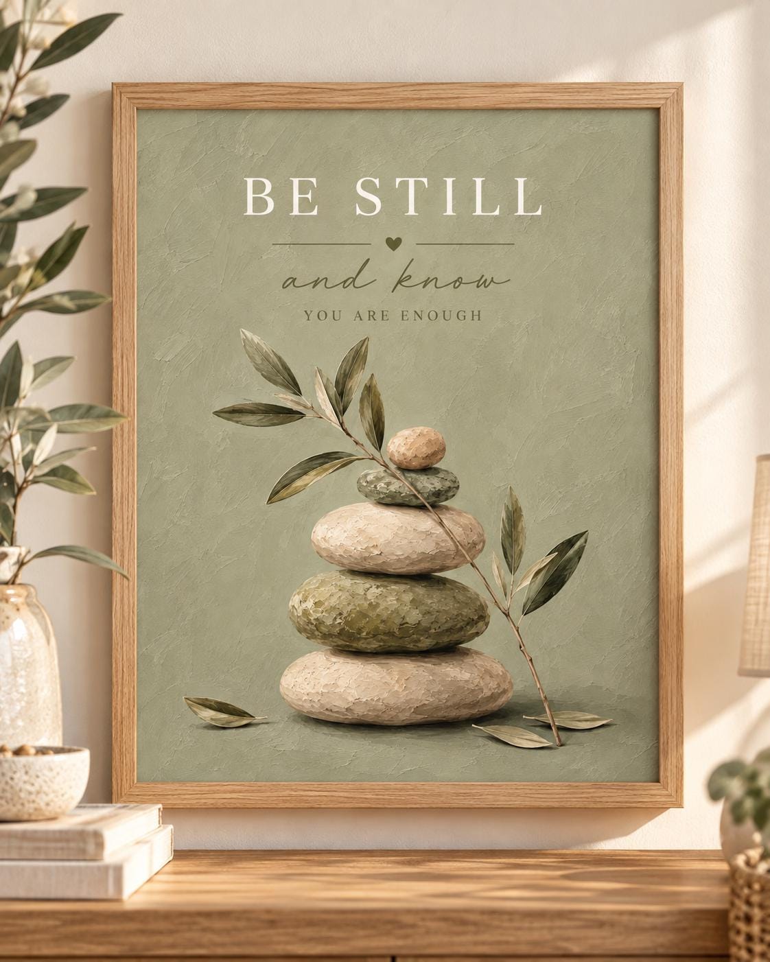 Be Still and Know You Are Enough quote with sage-green balancing stones and delicate olive branches; print only, frame not included