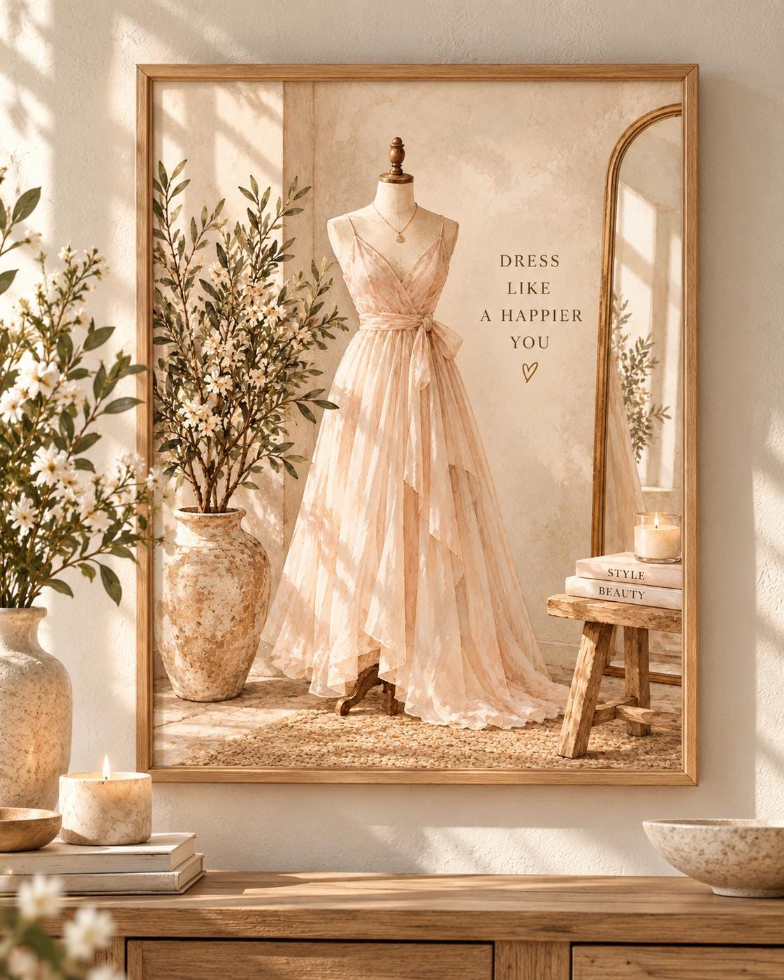 Blush dress on a mannequin with Dress like a happier you quote and soft neutral dressing room styling; print only, frame not included