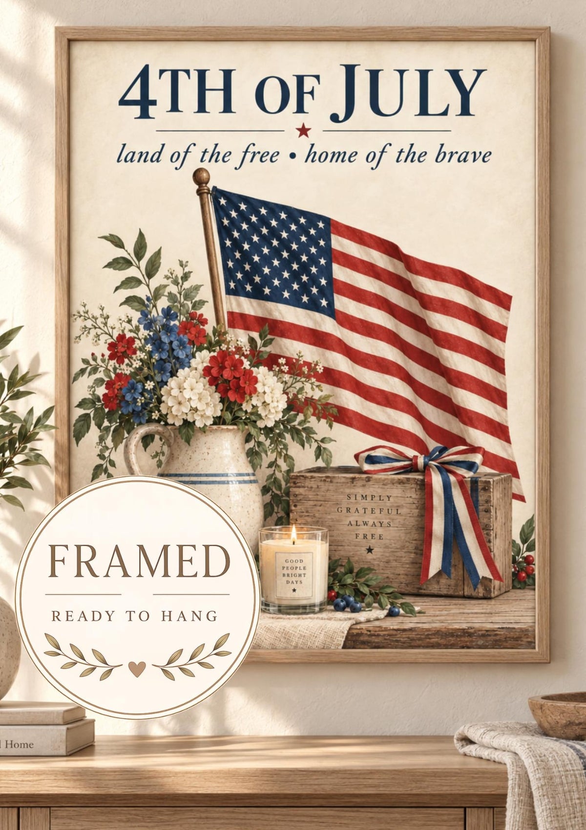 Framed ready-to-hang Fourth of July American flag and floral artwork front image