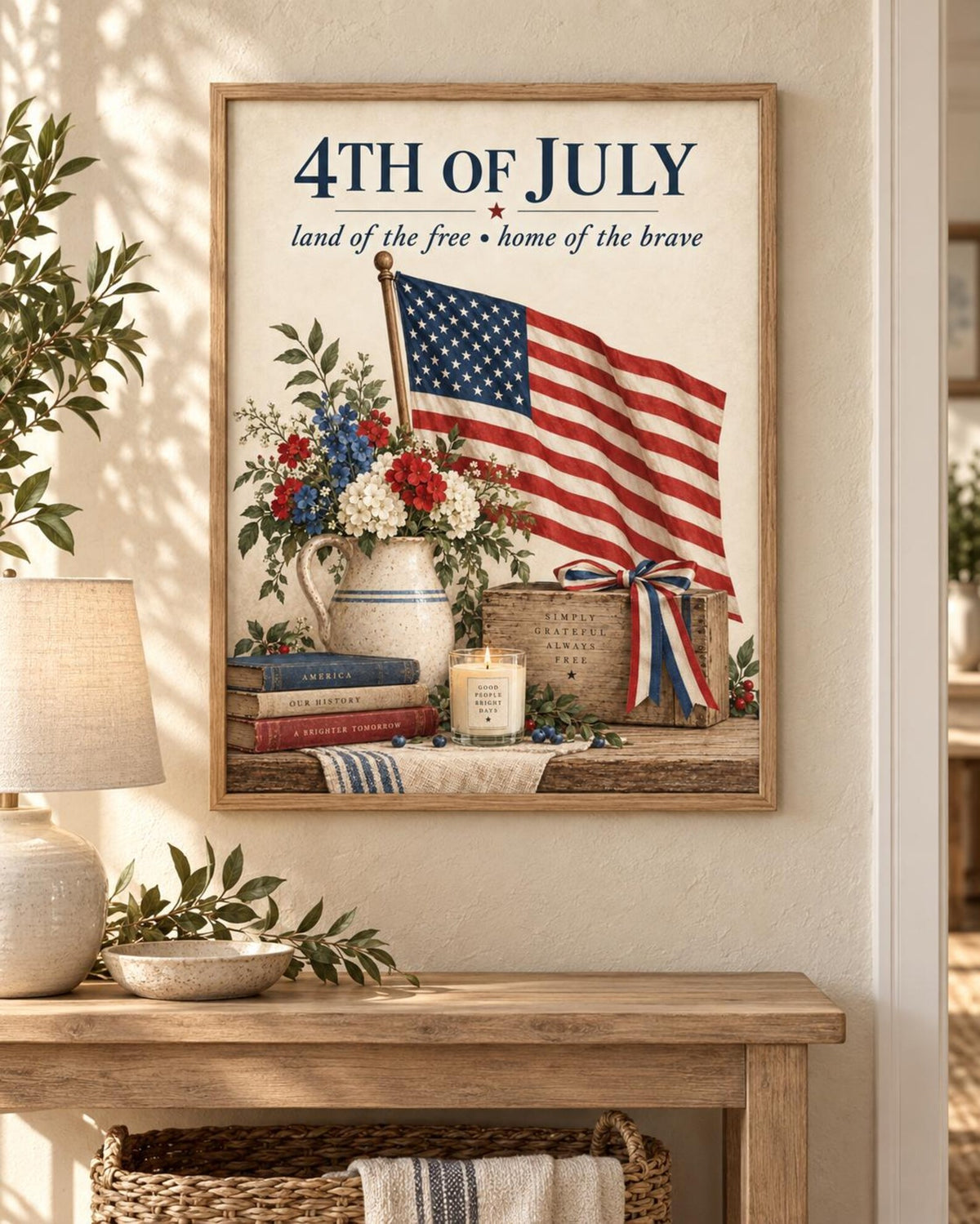 Print-only Fourth of July American flag and floral artwork lifestyle mockup 1