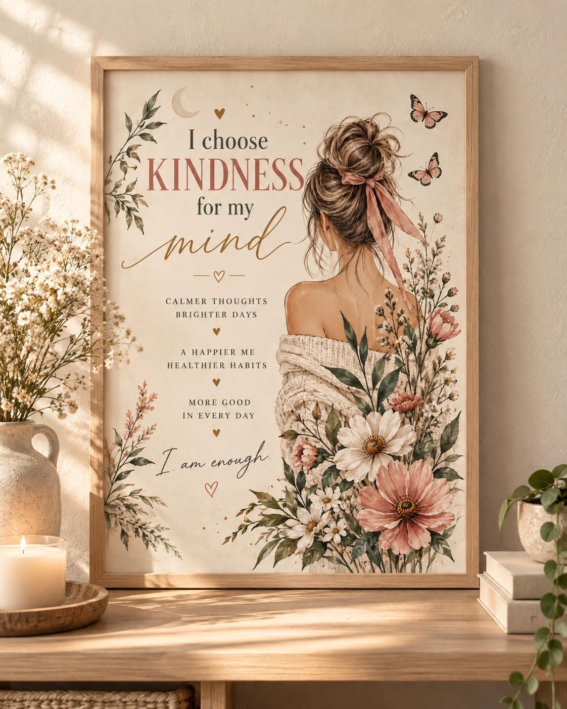 Self care affirmation print with kindness quote, woman, butterflies and wildflowers — front image