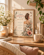 Self care affirmation print with kindness quote, woman, butterflies and wildflowers — lifestyle view