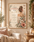 Self care affirmation print with kindness quote, woman, butterflies and wildflowers — lifestyle view