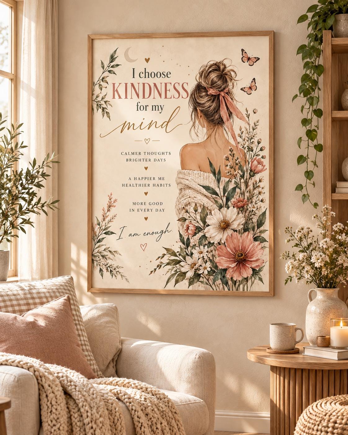 Self care affirmation print with kindness quote, woman, butterflies and wildflowers — lifestyle view