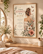 Self care affirmation print with kindness quote, woman, butterflies and wildflowers — lifestyle view